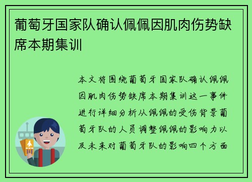 葡萄牙国家队确认佩佩因肌肉伤势缺席本期集训