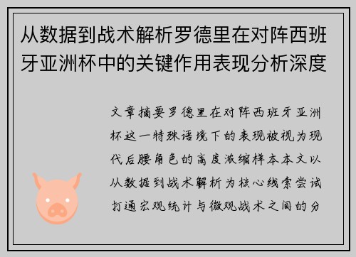 从数据到战术解析罗德里在对阵西班牙亚洲杯中的关键作用表现分析深度