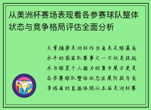从美洲杯赛场表现看各参赛球队整体状态与竞争格局评估全面分析