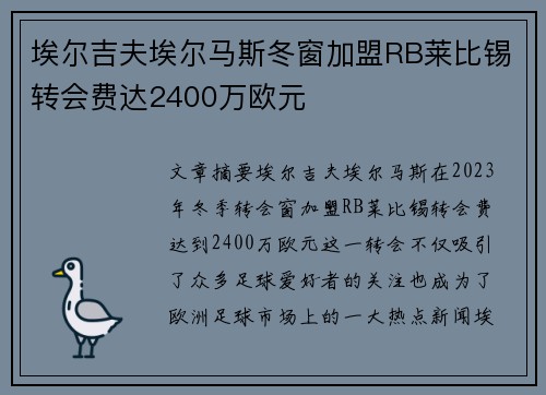 埃尔吉夫埃尔马斯冬窗加盟RB莱比锡转会费达2400万欧元