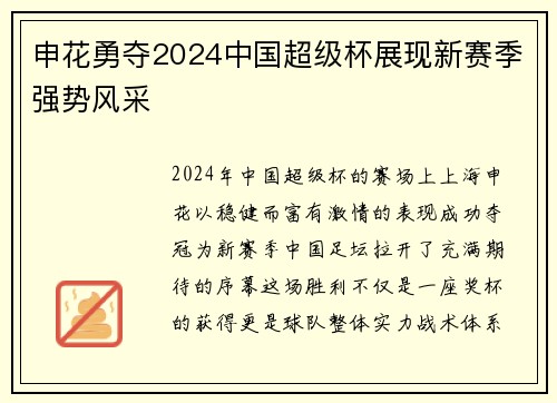 申花勇夺2024中国超级杯展现新赛季强势风采